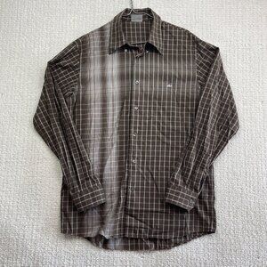 Y2K Lacoste Button Down Shirt Men 41 Abstract Brown Plaid Long Sleeve Classic